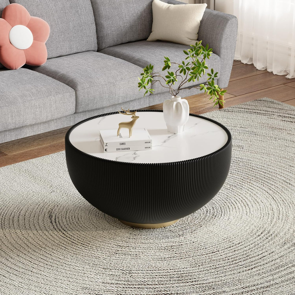 Black Round Coffee Table with Sintered Stone Tabletop, 27.56' Drum Coffee Table with Fluted PU Leather Covered and Metal Base, Circle Cocktail Tea Table for Living Room