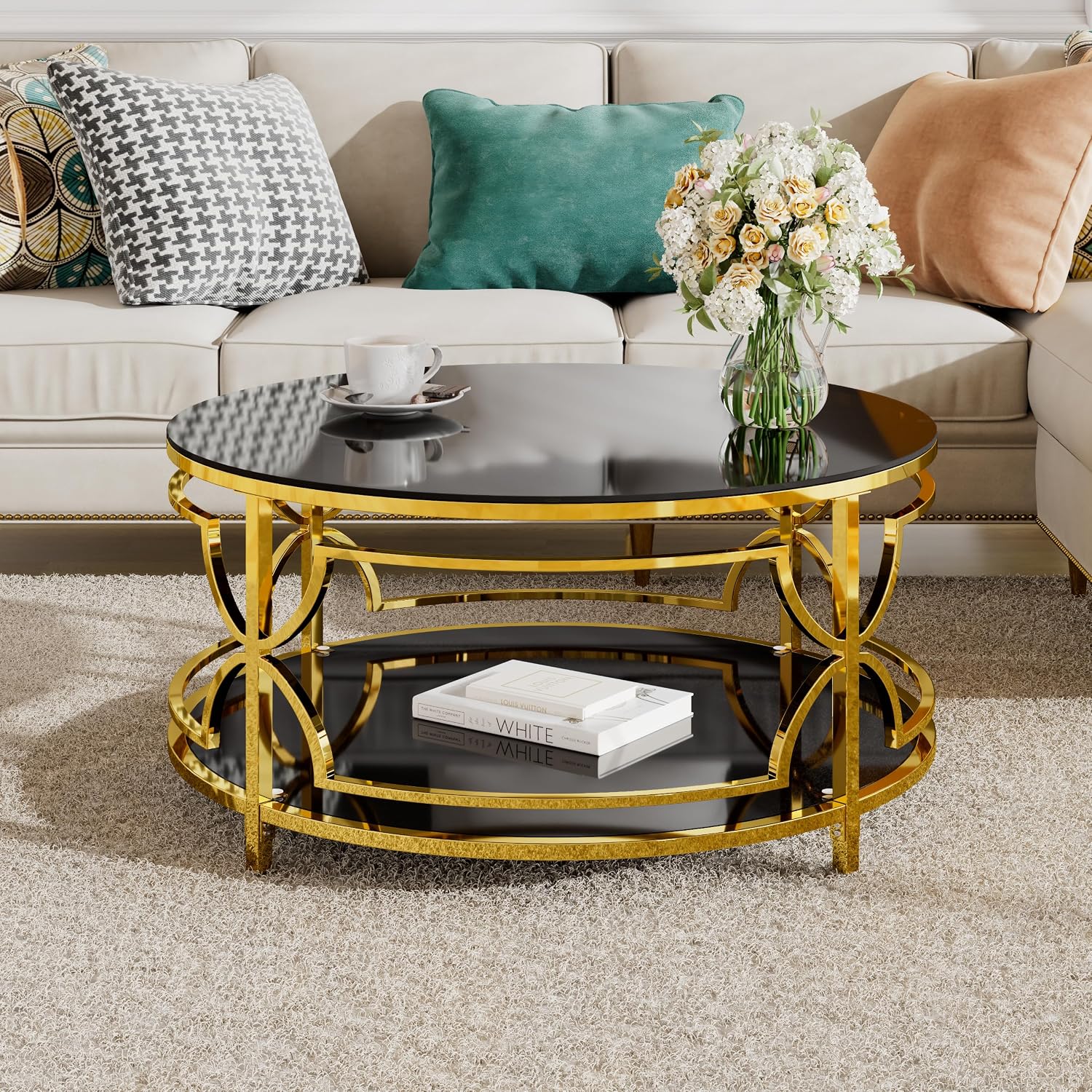 Merax 30.7' Round Tempered Glass Coffee Table, Luxurious Gold Geometric Metal Frame Side Table with Lower Storage Shelf, Modern Accent End Tables for Living Room, Bedroom, Apartment, Office, Black