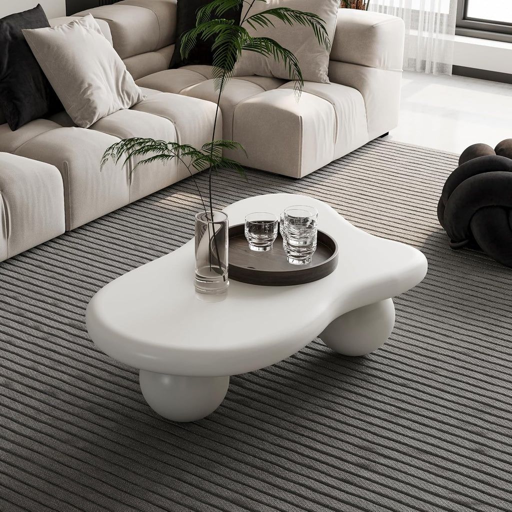 40' Irregular Cloud Coffee Table Asymmetrical Tea Table Low Coffee Table Unique Center Tables with 3 Ball Legs for Living Room Office Apartment Modern Furniture Cream White