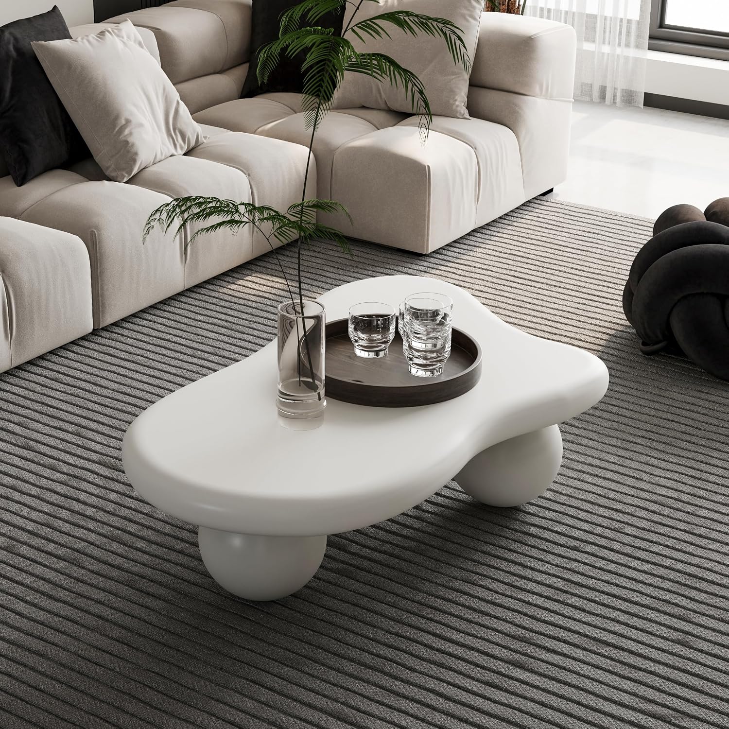 40' Irregular Cloud Coffee Table Asymmetrical Tea Table Low Coffee Table Unique Center Tables with 3 Ball Legs for Living Room Office Apartment Modern Furniture Cream White