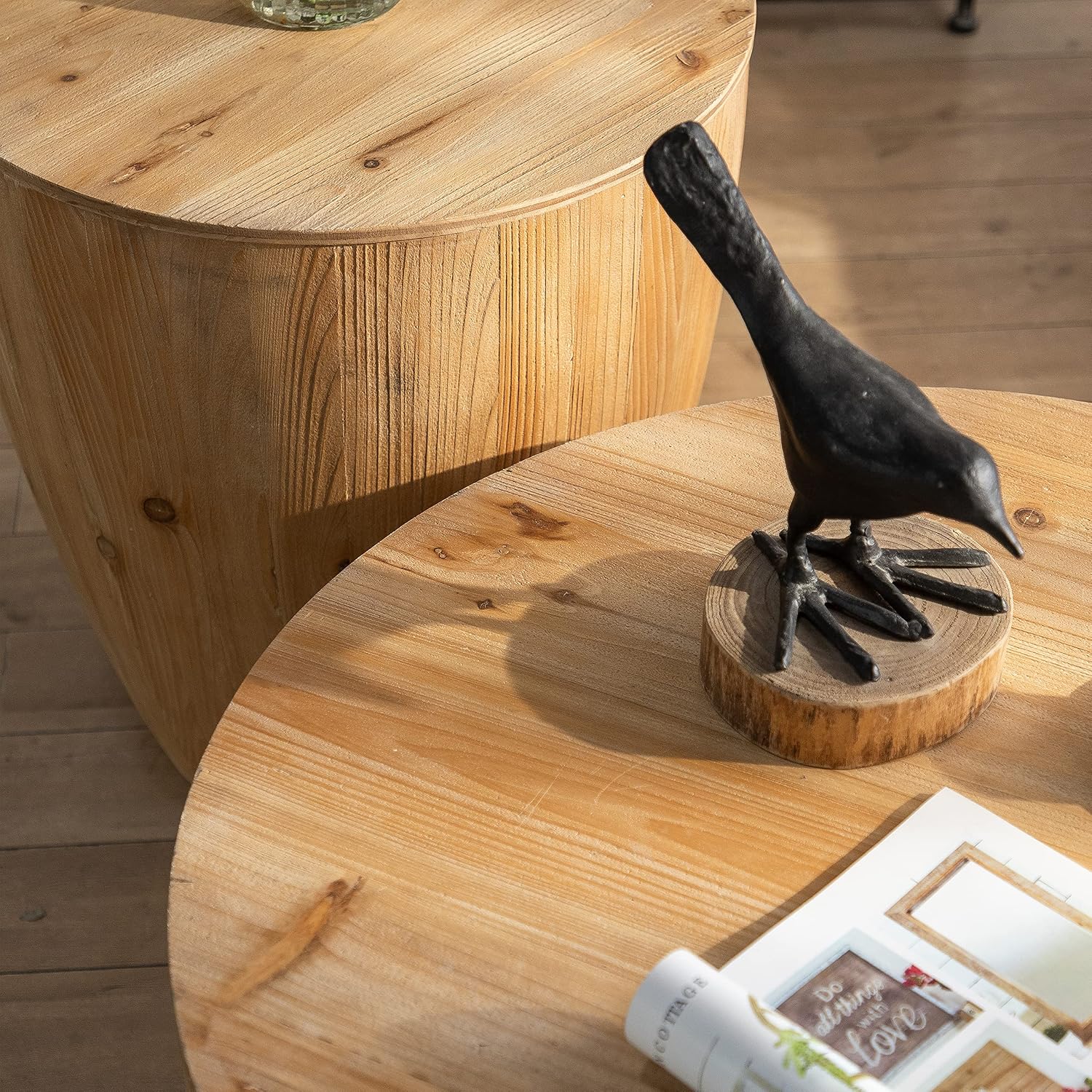 20.87' Vintage Wood Drum Bucket Shaped Coffee Table, Round Side End Table with Storage, Small Center Table for Living Room, No Need Assembly