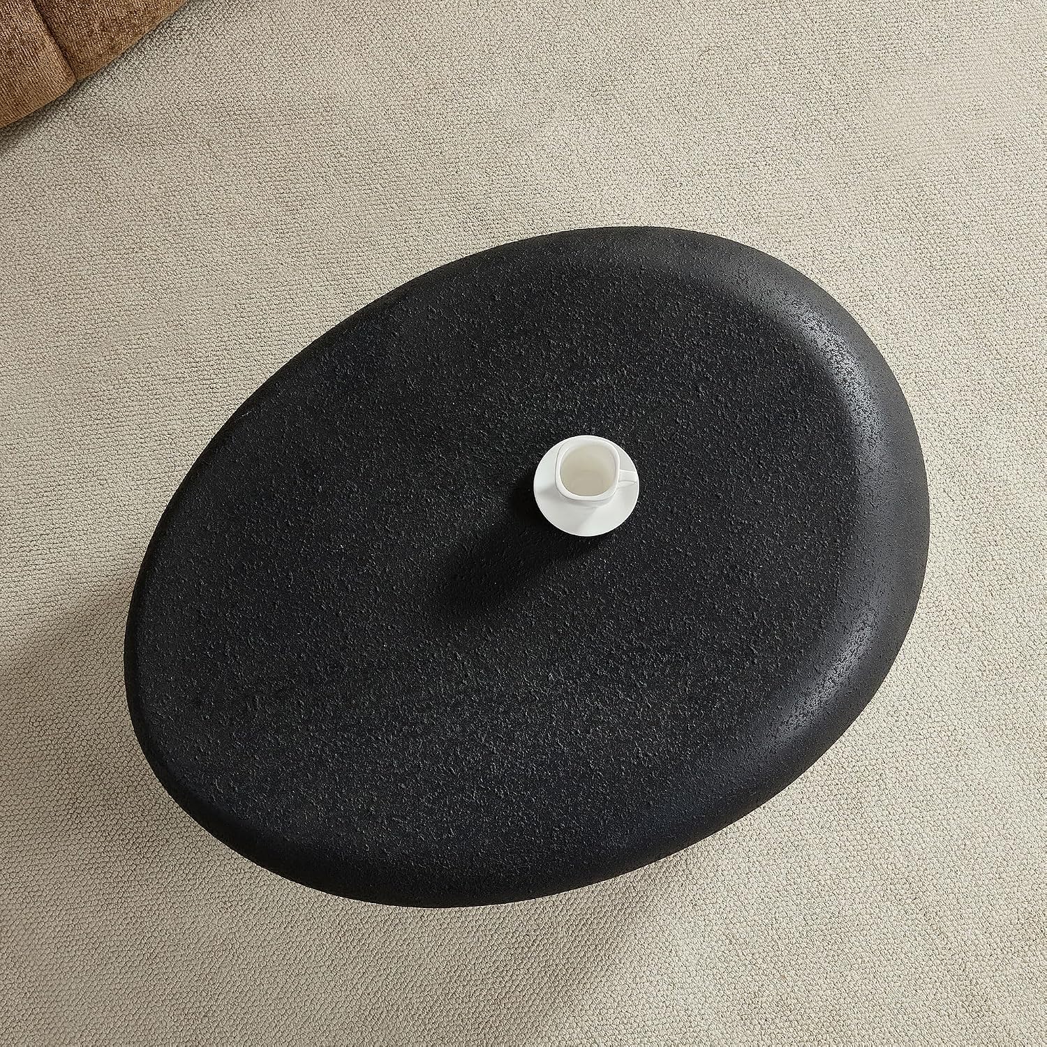 WILLIAMSPACE 43.3' Oval Coffee Table with Grainy Matte Rocks Pattern, Modern Irregular Center Table, Drum Fiberglass Coffee Table Accent Side Table End Table for Living Room (Black)