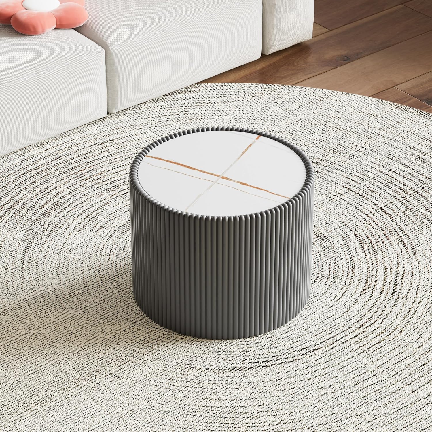 Round Coffee Table Set with Sintered Stone Tabletop, 29.52' White Drum Center Table and 17.71' Grey Coffee Table Set, 2 Pieces Living Room Table Set with Fluted PU Leather Cover& Stable Base