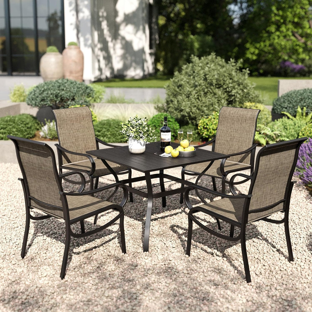 PHI VILLA Patio Dining Set for 4 Person,Square Metal Slat Table with Umbrella Holes and 4 High Back Fixed Chairs All Weather Outdoor Table and Chairs Set for Deck Garden Yard
