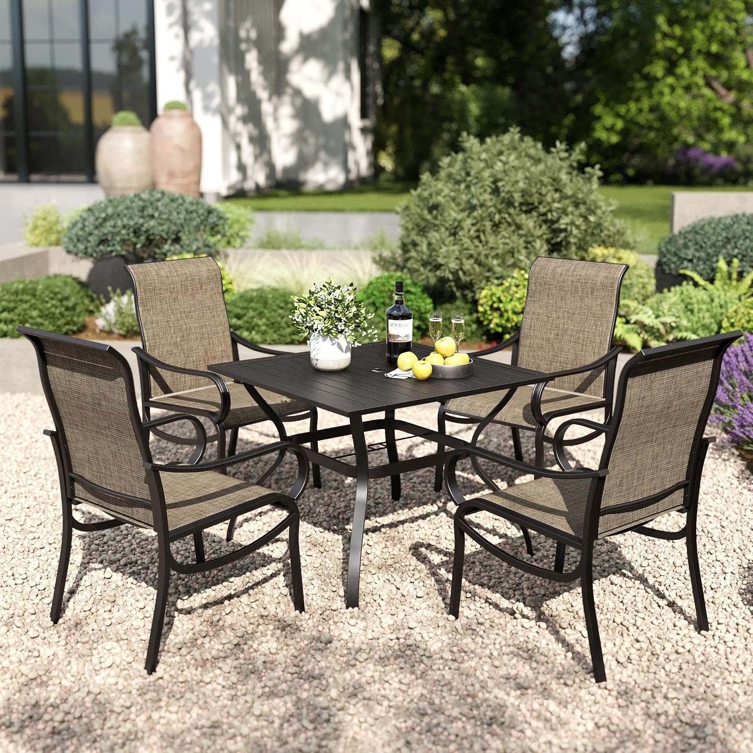PHI VILLA Patio Dining Set for 4 Person,Square Metal Slat Table with Umbrella Holes and 4 High Back Fixed Chairs All Weather Outdoor Table and Chairs Set for Deck Garden Yard