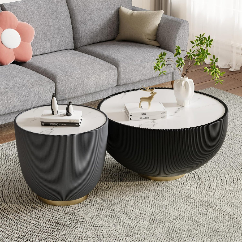 Round Coffee Table Set with Sintered Stone Tabletop, 27.56' Black Drum Center Table and 19.69' Grey Coffee Table Set, 2 Pieces Living Room Table Set with Fluted PU Leather Cover& Metal Base