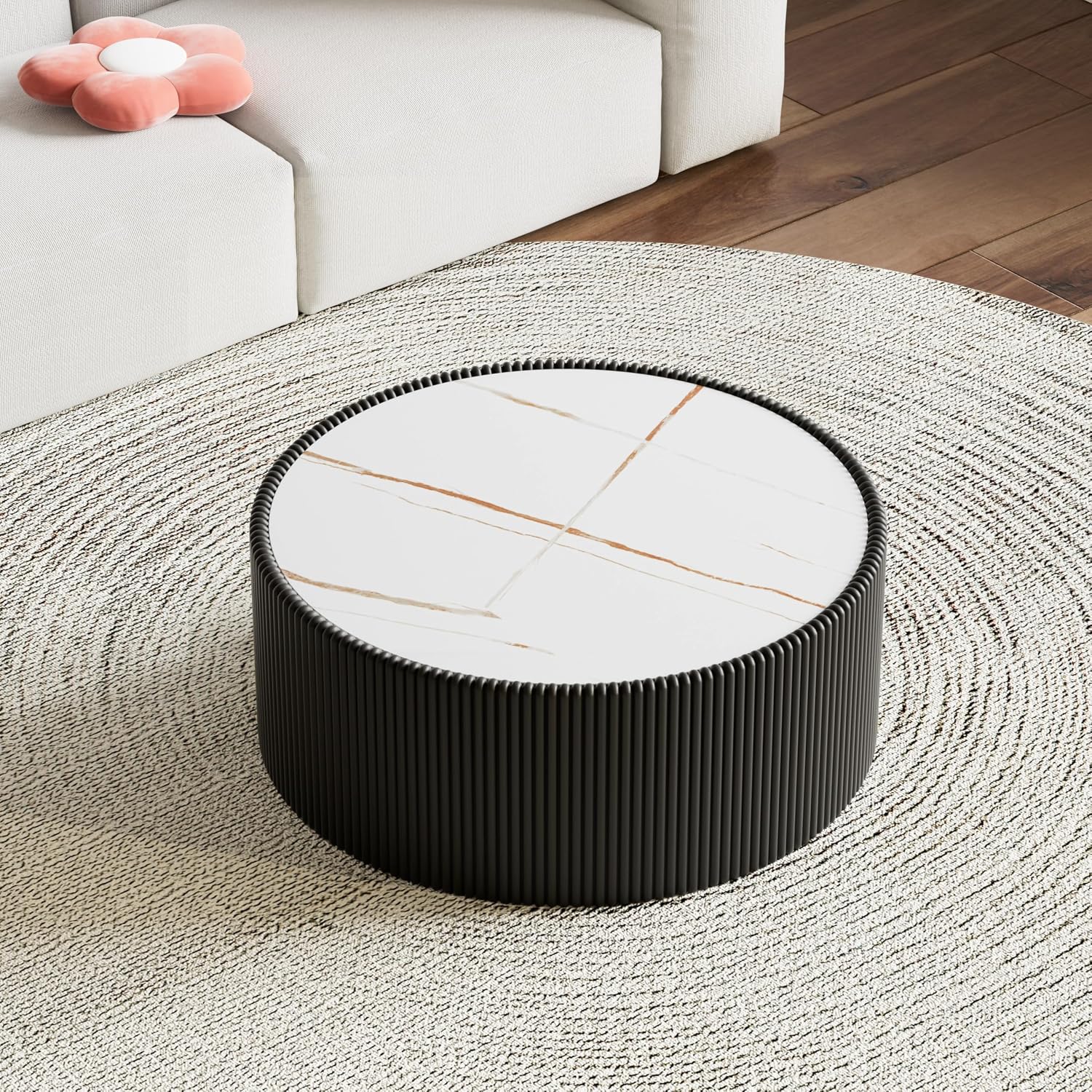 Round Coffee Table Set with Sintered Stone Tabletop, 29.52' Black Drum Center Table and 17.71' White Coffee Table Set, 2 Pieces Living Room Table Set with Fluted PU Leather Cover& Stable Base