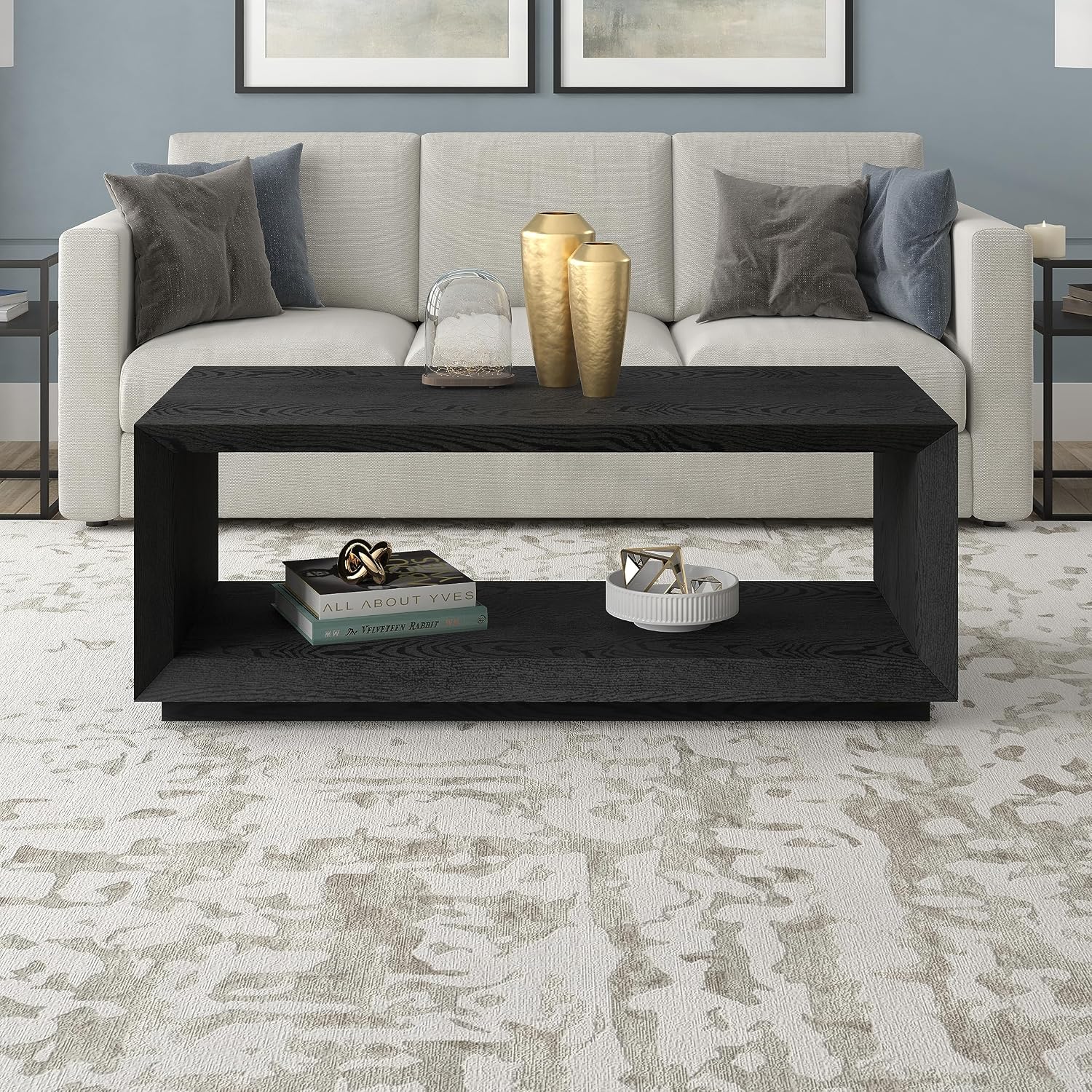 Henn&Hart 48' Rectangular Coffee Table with Open Storage Shelf for Living Room, Family Room, or Office, Natural Black