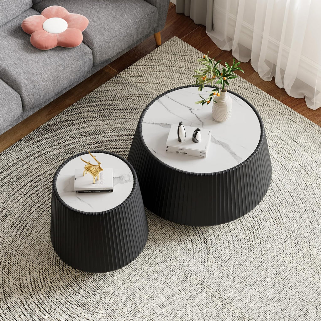 Black Round Coffee Table with Sintered Stone Tabletop, 26.77' Drum Coffee Table with Fluted PU Leather Covered and Stable Base, Circle Cocktail Tea Table for Living Room