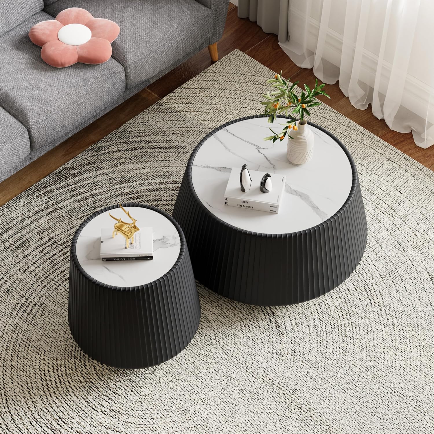 Black Round Coffee Table with Sintered Stone Tabletop, 17.71' Drum Coffee Table with Fluted PU Leather Covered and Stable Base, Circle Cocktail Tea Table for Living Room