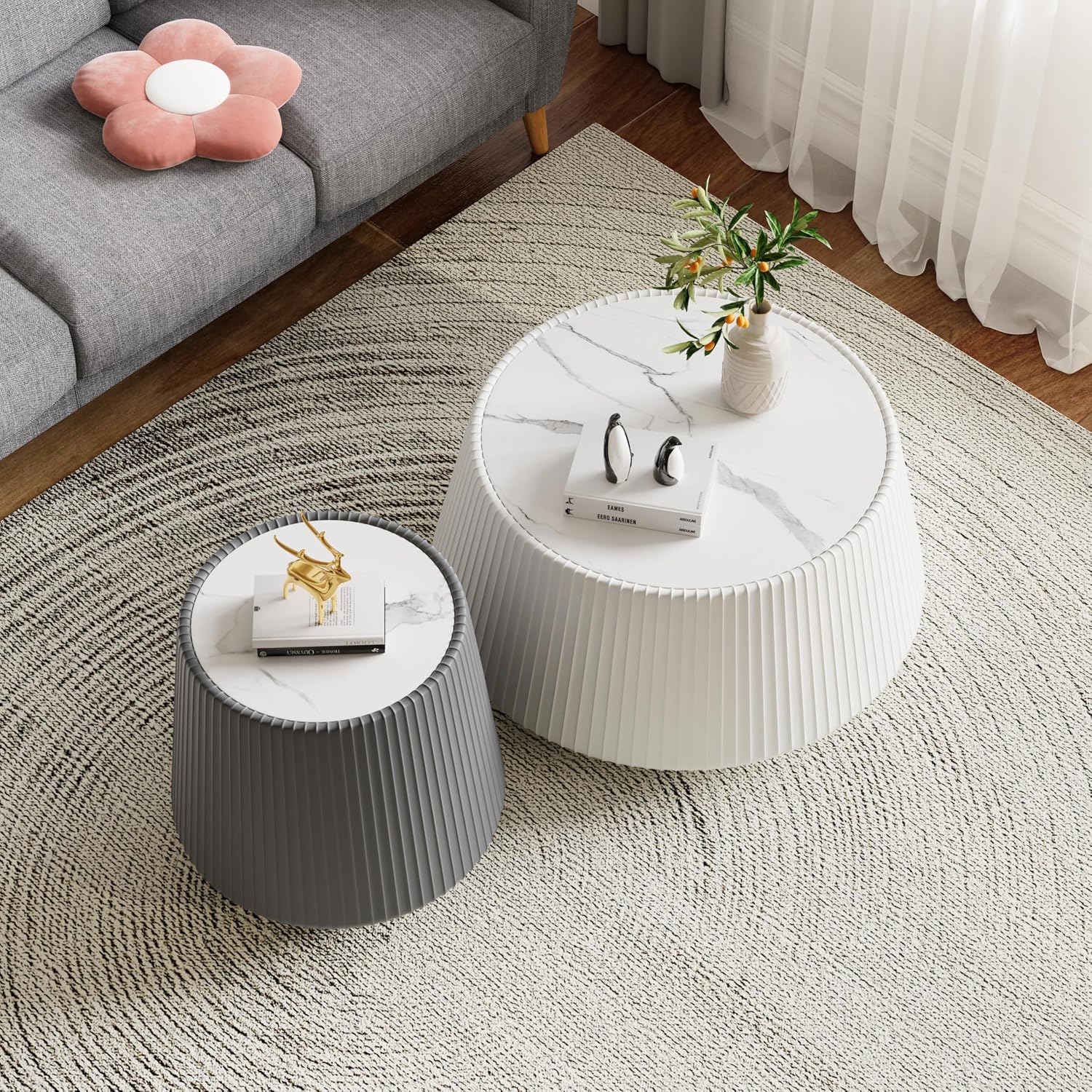 Round Coffee Table Set with Sintered Stone Tabletop, 26.77' White Drum Center Table and 19.68' Grey Coffee Table Set, 2 Pieces Living Room Table Set with Fluted PU Leather Cover& Stable Base