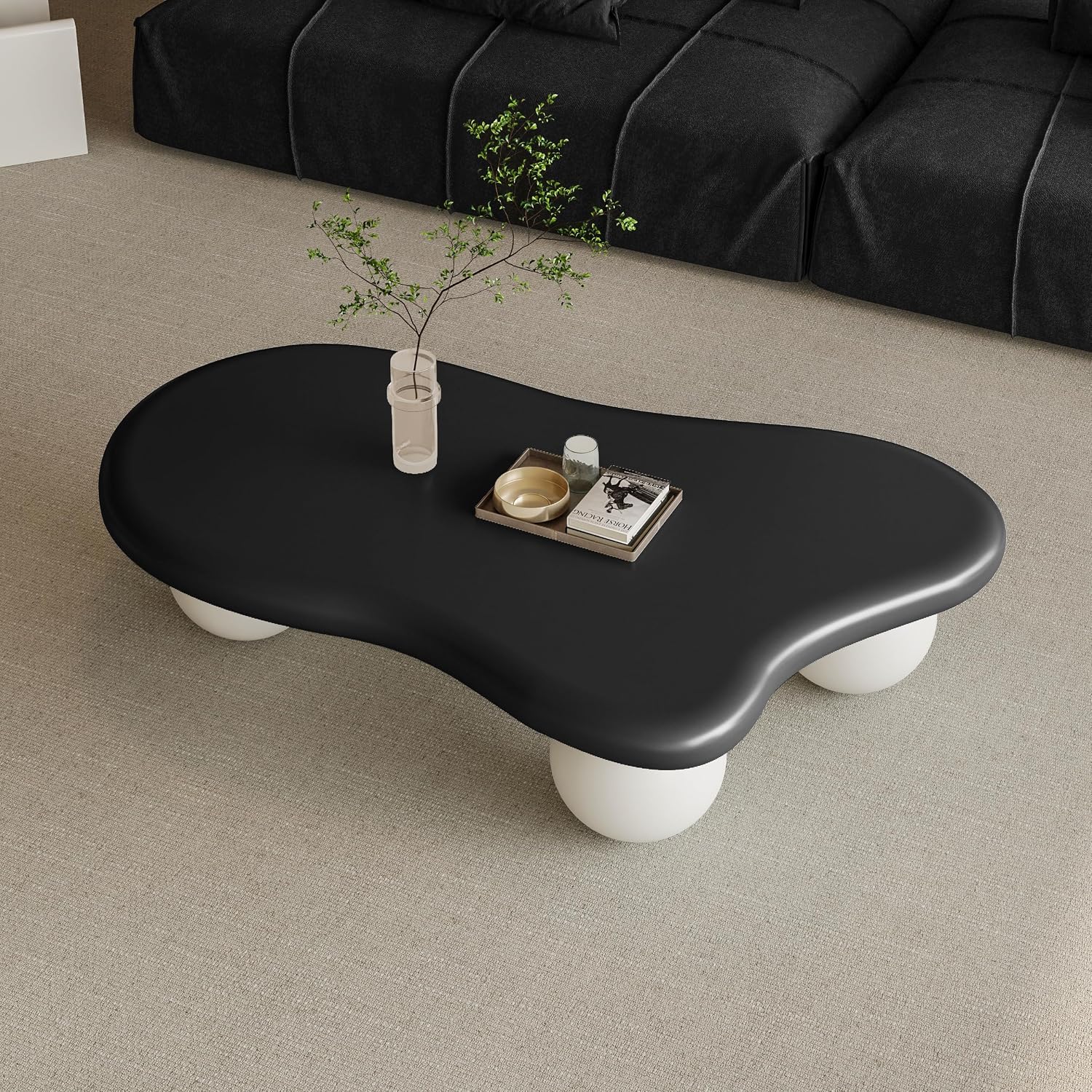 47' Irregular Coffee Table Cloud Coffee Table for Living Room Modern Low Coffee Tables Cute Small Center Table with 3 Ball Legs for Small Space Apartment Black & White