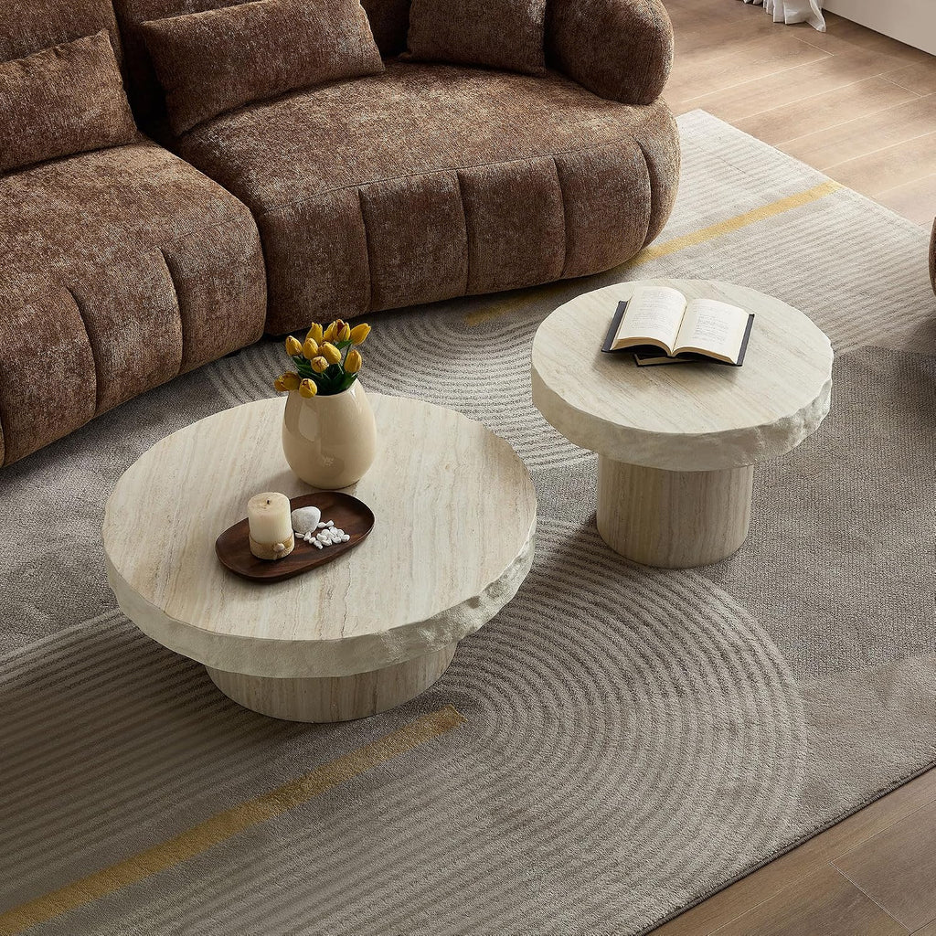 JUSTONE Round Coffee Table for Living Room, 31.69 Inch Modern Accent Table with Faux Stone Beige Weathering Finish, Minimalist Side End Table for Apartment Office