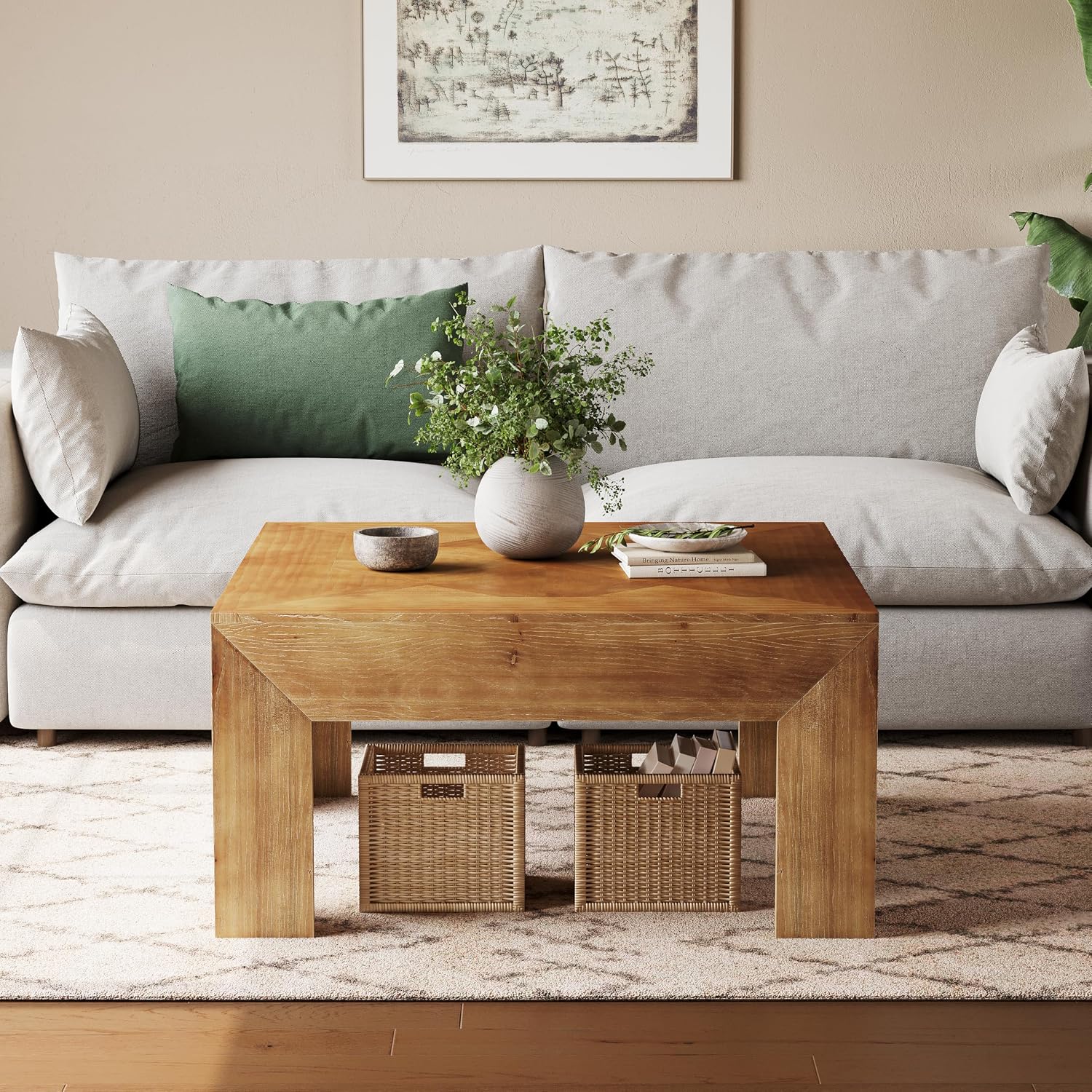 LITTLE TREE 39.4' Solid Wood Coffee Table, Square Coffee Table with Intricate Inlaid Top & Sturdy Legs, Rustic Center Tables for Living Room, Easy Assembly, Brown, 39.4' L x 39.4' W x 19.7' H