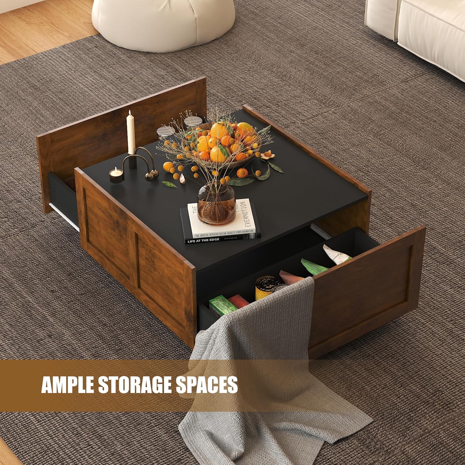 HedoAjim Farmhouse Coffee Table with 2 Storage Drawers for Living Room Square Center Middle Table Modern Cocktail Table Contemporary Mid Century Wood Home Office Waiting Room, Black Rustic